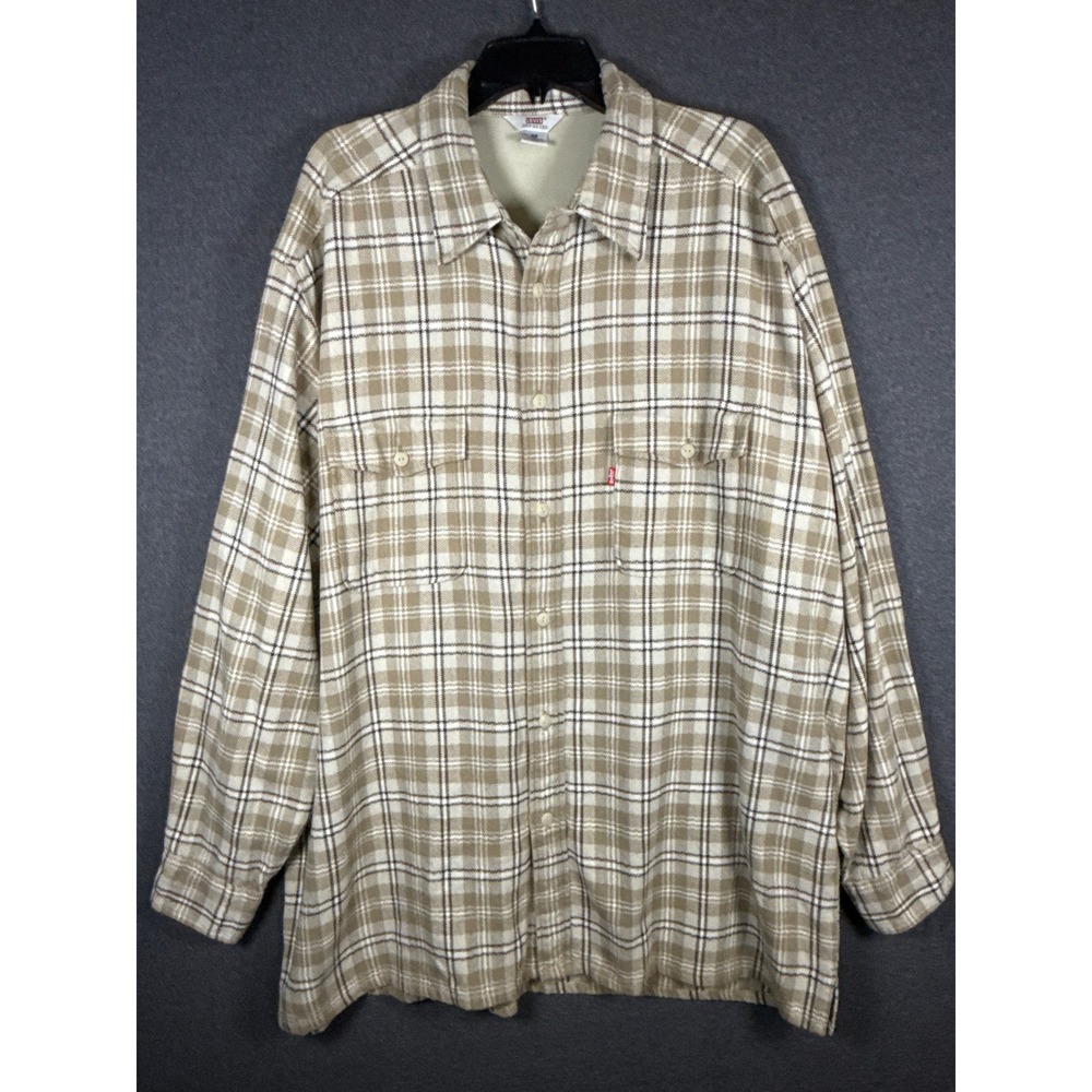 Levis Dry Goods Mens XL Tan White Plaid Flannel Shirt Long Sleeve Cotton outdoo